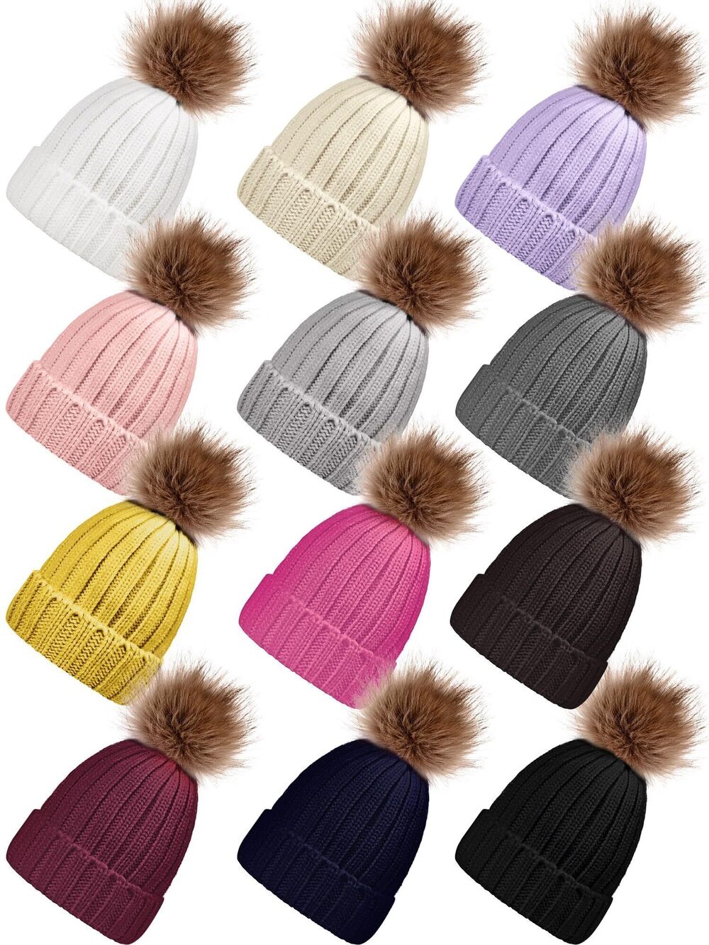 5527 12 Pcs Beanie with Pom Pom Winter Knitted Hat Bulk Warm Fuzzy Soft Ski